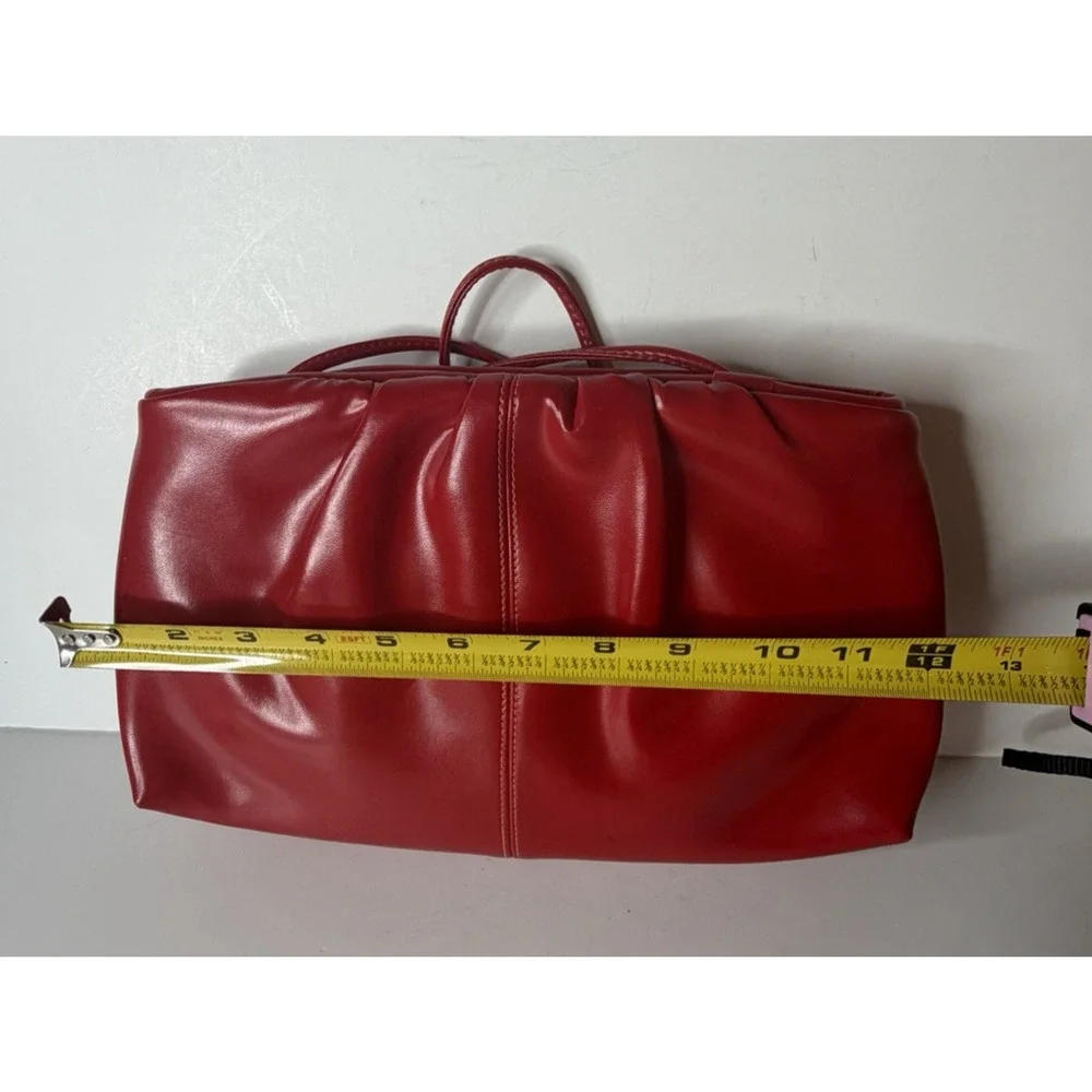 Red Ruched Faux Leather Shoulder Bag Clutch Purse Push Bar Evening Statement Y2K